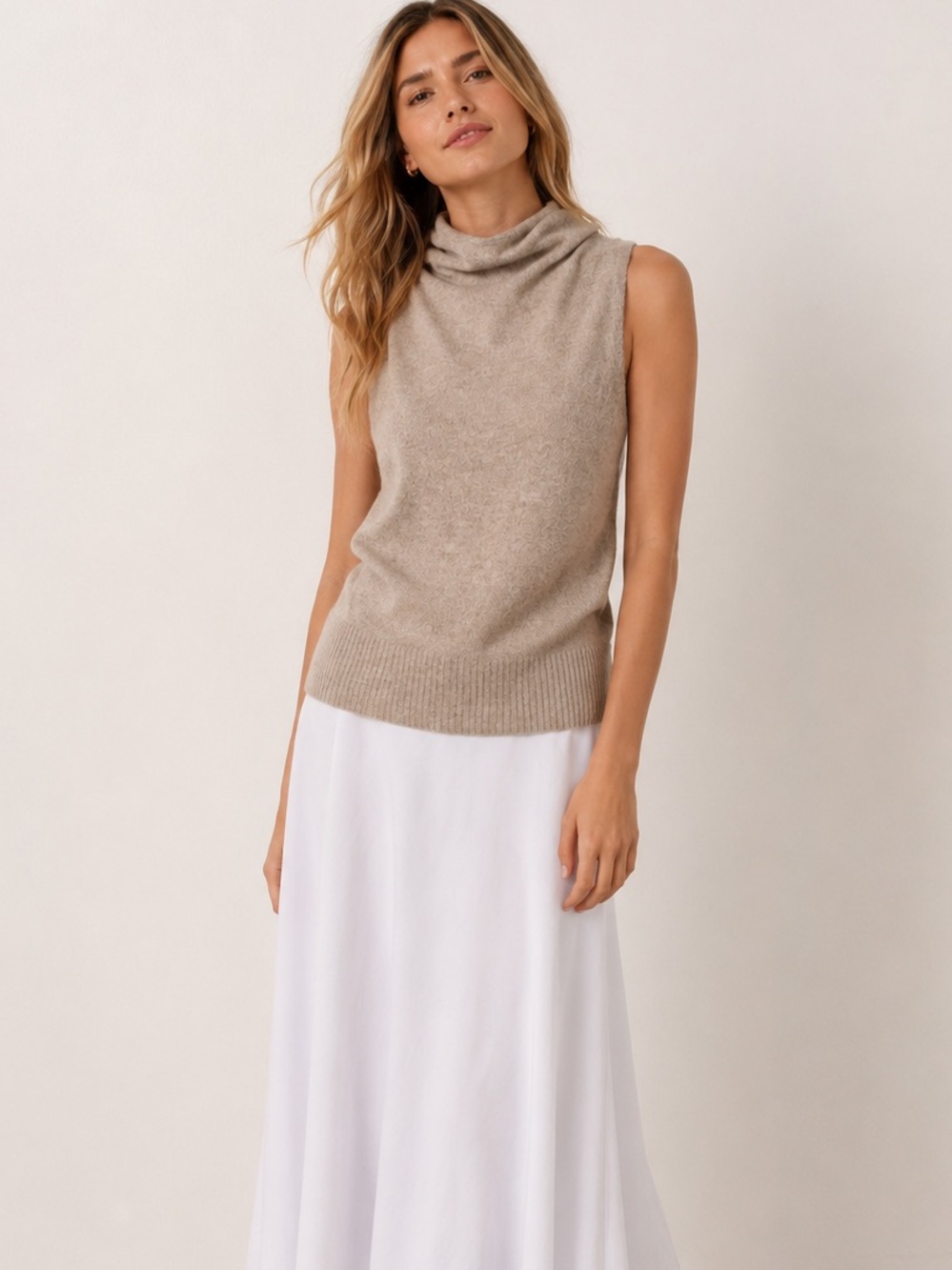 Rachel Zoe 100% Cashmere Sleeveless Cowl Neck Sweater in Oat